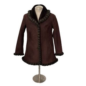 Jones New York Women’s Brown Soft Suede Leather Faux Fur Winter Coat Jacket S